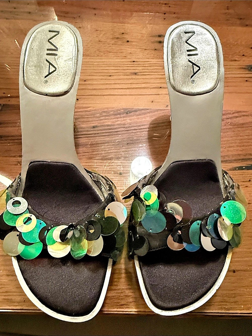 MIA Sequin Slide Heels in Black & Green